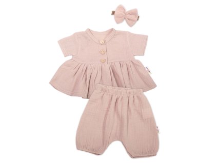 Baby Nellys 3-dílná mušelínová soupravička, tunika/halenka, kraťasky, čelenka, béžová (Velikost 56 (1-2m))