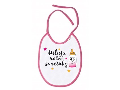 baby nellys nepromokavy bryndacek miluju nocni svacinky 24 x 27 cm bily s ruzovym lemem