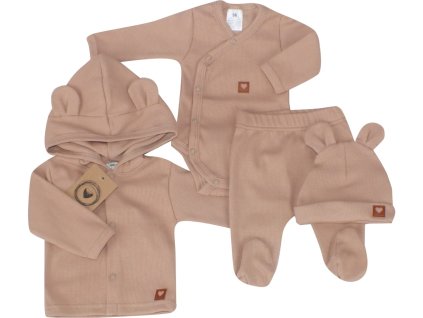 Sada do porodnice 4D, žebrovaná, body, polodupačky, kabátek a čepička, béžová (Velikost 56 (1-2m))