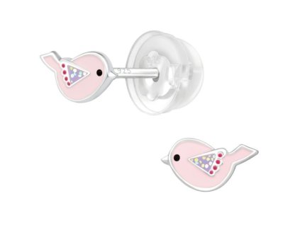 detske stribrne nausnicky premium ptacek ruzovy puzetove silikon