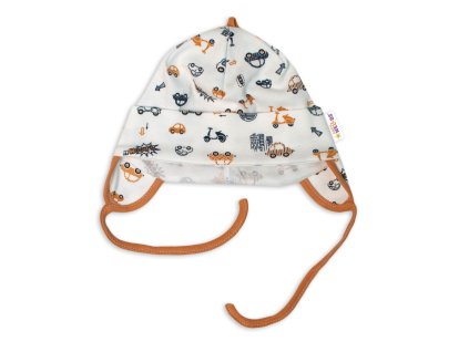 Bavlněná čepička s oušky na zavazování- Car, smetanová/hnědá (Velikost 50 (0-1m))