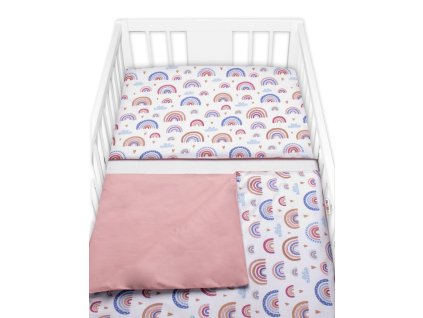 Bavlněné povlečení do postýlky 2D, Duha, pastelová s potiskem/pudrová, Baby Nellys (Velikost povlečení 120x90, Rozměry polštáře 40 x 60, Rozměry přikrývky 120 x 90)
