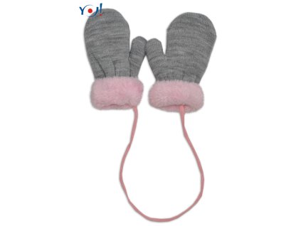 Zimní kojenecké rukavičky s kožíškem - se šňůrkou YO - šedé/růžový kožíšek (Velikost 98-104 (2-4r))