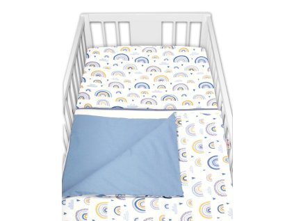 Bavlněné povlečení do postýlky 2D, Duha, pastelová s potiskem/modrá, Baby Nellys (Velikost povlečení 120x90, Rozměry polštáře 40 x 60, Rozměry přikrývky 120 x 90)