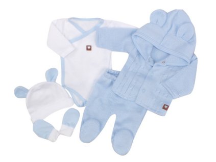 5-dílná kojenecká soupravička pletená do porodnice - modrá, bílá (Velikost 56 (1-2m))