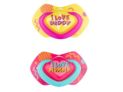 canpol babies 2 ks symetrickych silikonovych dudliku 6 18m neon love baby ruzovo zlute
