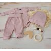 Žebrované zavinovací body, tepláčky a čepička Kazum 3D bavlněná sada, pudrově růžová (Velikost 68 (3-6m))