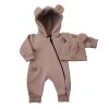 Oteplený dětský overal bez šlapek s kapucí + čepička, 2D, kakao (Velikost 62 (2-3m))