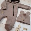 Oteplený dětský overal se šlapkama a kapucí + čepička, 2D, Kazum, čokoládový (Velikost 56 (1-2m))