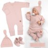 Rostoucí žebrovaný overálek, čepička a botičky, 3D, Nature - pudrově růžová (Velikost 50/56 (0-2m))