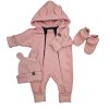 Oteplený dětský overal bez šlapek s kapucí, čepička + botičky, 3D, koralový (Velikost 56 (1-2m))