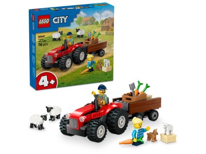 Červený traktor s přívěsem a ovcemi