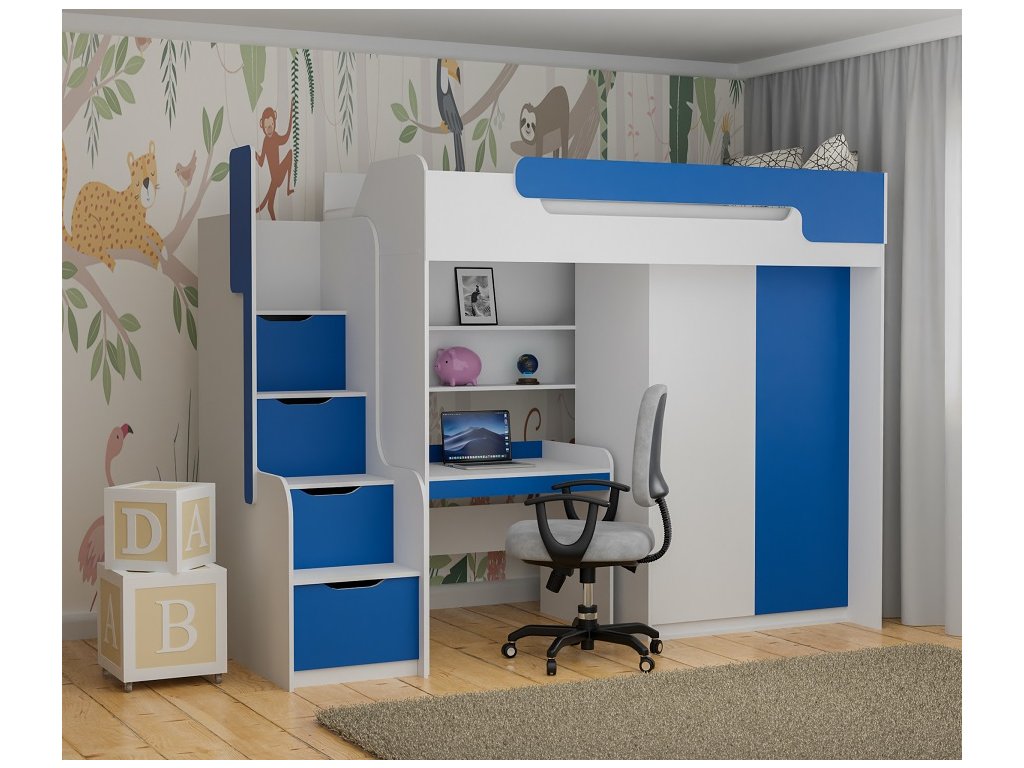 Poschoďová postel Dorian + psací stůl + skříň - modrá