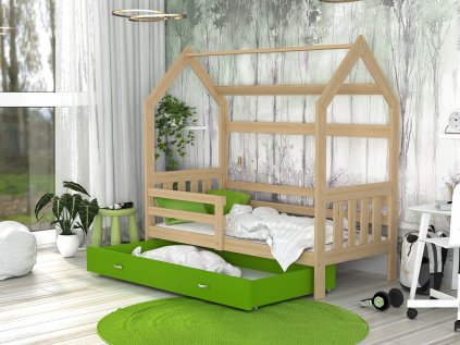 Dětská postel DOMEK SE ZÁBRANOU - přírodní/zelená