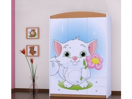 Třídveřová šatní skříň SZ09 Happy - kočička s květinou