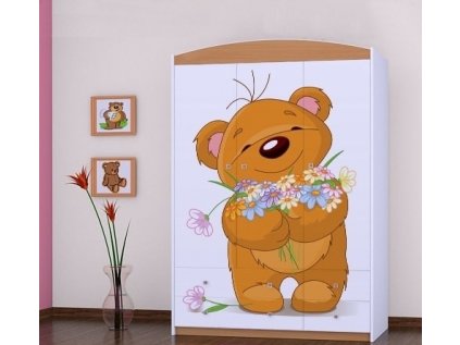 Třídveřová šatní skříň SZ09 Happy - medvídek s květinou