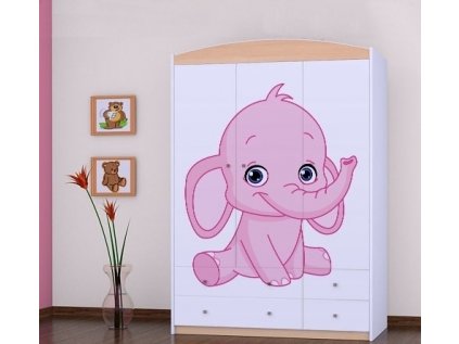 Třídveřová šatní skříň SZ09 Happy - růžový a modrý slon