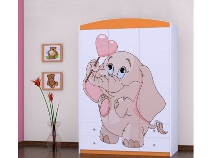 Třídveřová šatní skříň SZ09 Happy - růžový slon