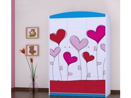 Třídveřová šatní skříň SZ09 Happy - srdce na balónkách