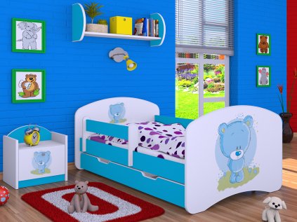 Dětská postel Happy - modrý medvídek 200x90 cm + šuplík