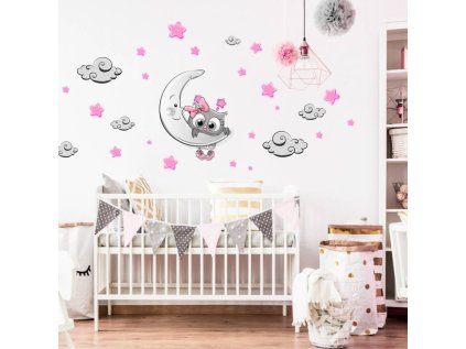 nalepky nalepky na zed nalepka do detskeho pokoje ruzovo seda sovicka 9052f 1 full