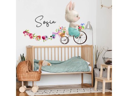 Samolepky na zeď - Zajíček s květinami