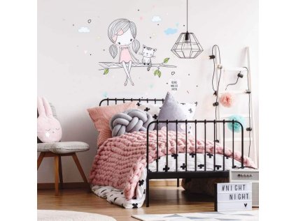 nalepky samolepky na zed inspio vila na vetvi s kocickou v ruzovem 9146f 1 full