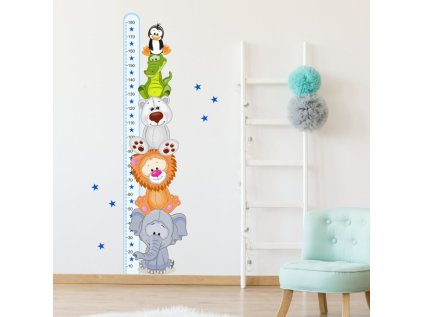 Dětské samolepky na zeď - Modrý metr s barevnými zvířátky (180 cm)