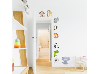 Dětské samolepky na zeď - Zvířátka ze ZOO kolem dveří N.2 - 9 ks od 14 do 29 cm doleva