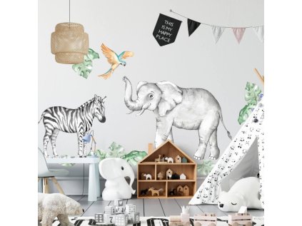 Dětské samolepky na zeď - Slon a zebra ze safari