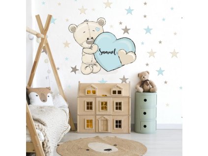 samolepky samolepky na zed modra samolepka na zed pro deti mentolovy medvidek se jmenem a srdickem 9051f 138 full