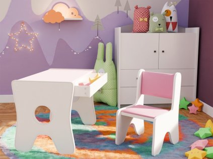 Dětský stolek s šuplíkem + 1 křesílko čalouněné - růžové