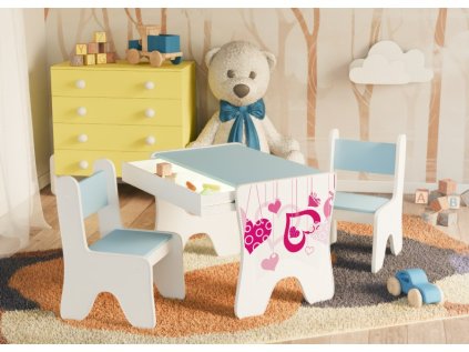 Dětský stolek s šuplíkem + 1 křeslo - padající srdce