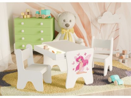 Dětský stolek s šuplíkem + 1 křeslo - víla s motýlky