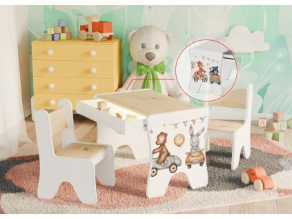 Dětský stolek s šuplíkem + 1 křeslo - zvířátka i auta