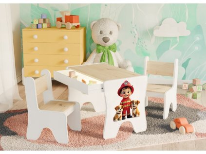 Dětský stolek s šuplíkem + 1 křeslo - hasič