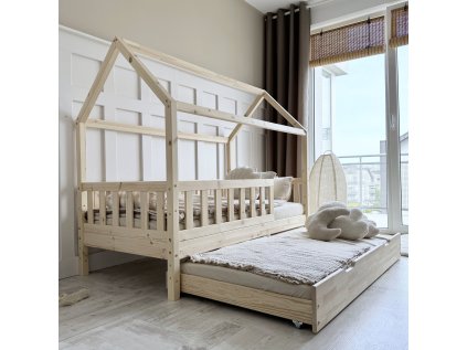 Domečková postel 120x200 cm Megan s přistýlkou - přírodní