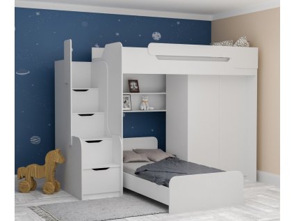 Poschoďová postel Dorian + postel + skříň - bílá