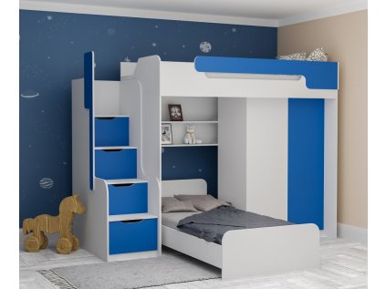 Poschoďová postel Dorian + postel + skříň - modrá