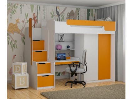 Poschoďová postel Dorian + psací stůl + skříň - oranžová