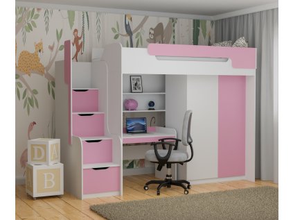 Poschoďová postel Dorian + psací stůl + skříň - růžová