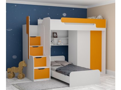 Poschoďová postel Dorian + postel + skříň - oranžová