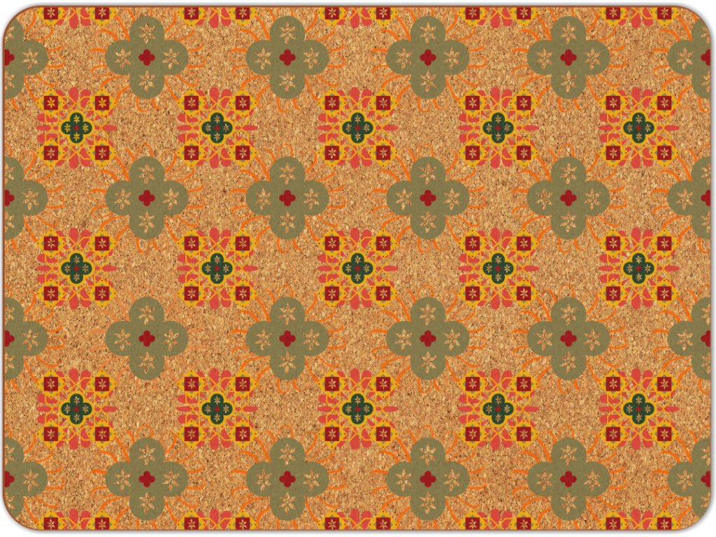 Korkové prostírání na stůl s potiskem ve vintage stylu, geometrický vzor v zelené, oranžové a červené barvě na přírodním korku.