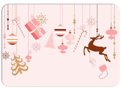 Vánoční prostírání s motivem zavěšených ozdob, soba, cukrové hůlky a dárků na světle růžovém podkladu