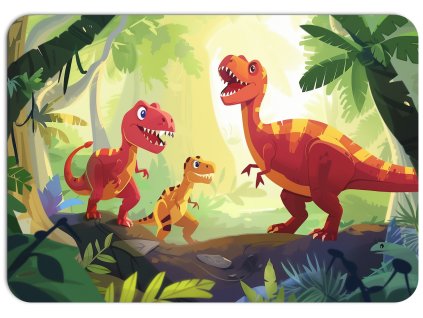 Veselí dinosauři v džungli - dětský motiv s červeným a žlutým dinosaurem.