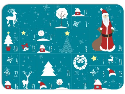 vánoční prostírání s motivem adventního kalendáře, červený Santa Claus, sob a zimní krajina na modrém pozadí