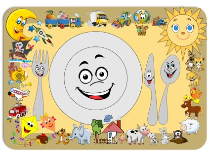Dětské prostírání na stůl s barevným motivem veselé vidličky, nože a talíře obklopené ilustracemi slunce, měsíce, zvířat a dopravních prostředků, ideální pro kreativní stolování.