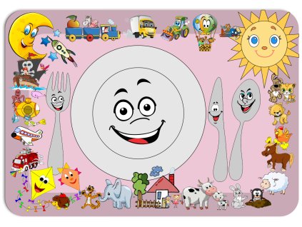 Dětské prostírání s veselými ilustracemi talíře a příborů s obličejem, obklopené barevnými kreslenými motivy zvířat, dopravních prostředků a přírody.