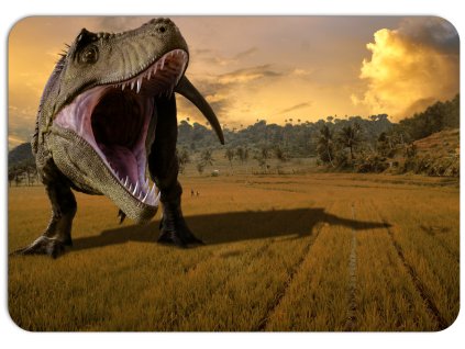 Dětské prostírání s realistickým motivem dinosaura ve zlatavém poli při západu slunce, zábavný motiv na stůl.