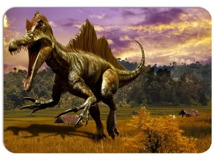 Realistické zobrazení dinosaura Spinosaurus na pozadí přírodního prostředí s fialovou oblohou, zvýrazněné teplými barvami.